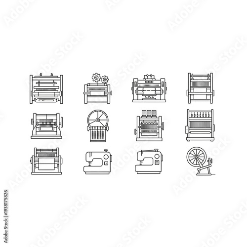 Textile Industry Loom and Sewing Machine Outline Icons