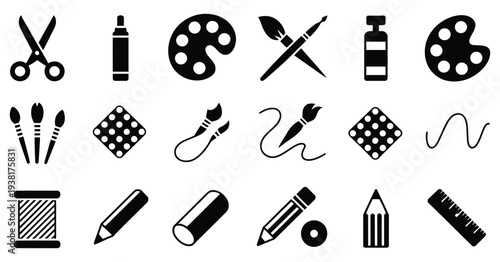 art and craft silhouette icon set featuring solid filled symbols, for creativity design DIY projects painting drawing crafting hobbies, illustration decoration digital design and creative work, decora