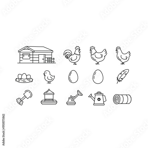 Collection of Farm and Poultry Related Outline Icons for Rural Life
