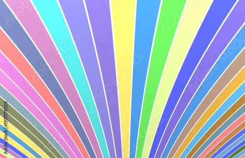 パステルカラーのカラフルな放射線が広がるポップで明るい抽象背景、レトロポップデザインにも使える虹色ストライプのサンバーストバックグラウンド