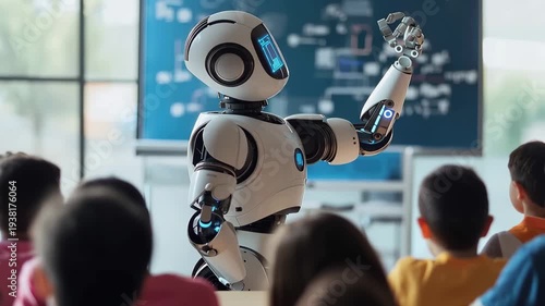 The Robotic Educator: An advanced humanoid robot captivates a class of children with an interactive lesson. It's a glimpse into the future of education, where technology enhances learning.