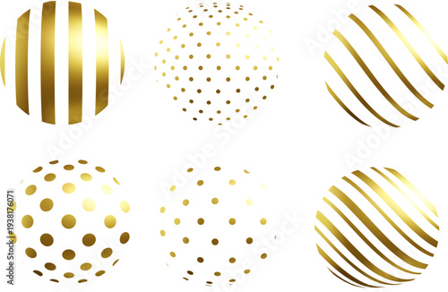 金色のラインやドットで構成されたスタイリッシュなゴールド球体デザインセット、高級感のあるモダンな幾何学ロゴや装飾に使える抽象グラフィック素材
