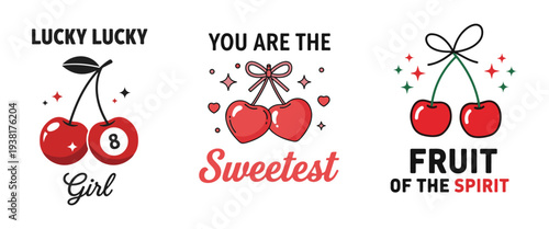 Three stylized illustrations feature cherries bows and text conveying luck and sweetness high quality professional and cherry vector t-shirt 