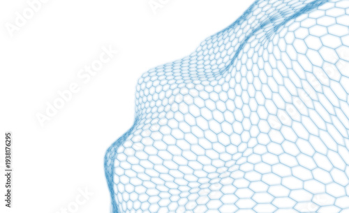 人体ラインのように波打つ六角形ワイヤーメッシュが広がる未来的ネットワーク抽象背景、テクノロジーとデータ構造イメージ