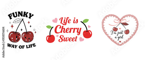 A collection of vibrant retro style cherry illustrations with playful typography and decorative elements and cherry vector t-shirt 