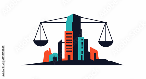 Urban Legal Balance A Modern Cityscape Icon Blending Justice Scales with Building Development and Architectural Planning