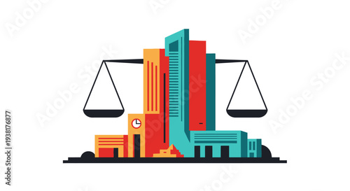Scales of Justice Balancing a Modern Cityscape, Representing Legal System, Corporate Governance, and Urban Regulation