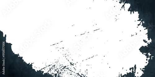 An abstract grunge background featuring a black ink splat pattern with paint splashes and dirty liquid stains on a textured paper illustration