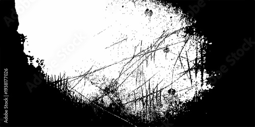Abstract black and white grunge background featuring a vintage ink splatter texture with a floral tree silhouette and artistic paint spray stains inside a dirty vector frame border design