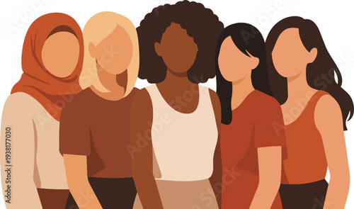 Flat vector illustration of diverse women friends standing close together. Represents friendship, inclusion, unity, and empowerment.
