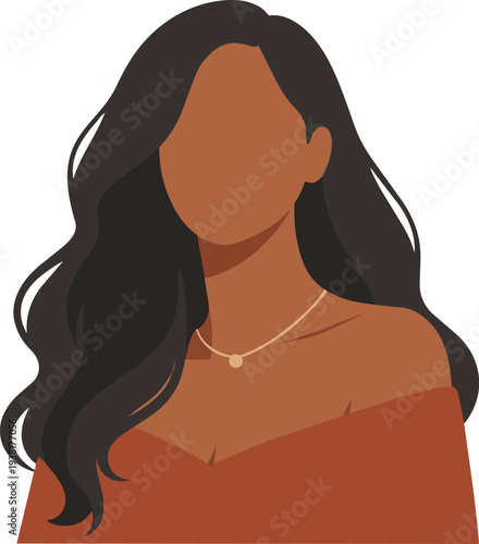 Flat vector portrait of a stylish woman with long hair and minimalist jewelry.