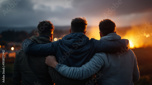 Three friends standing together with arms around each other at sunset, friendship, support, solidarity, unity, togetherness, emotional bond, back view, outdoor lifestyle, community, trust concept