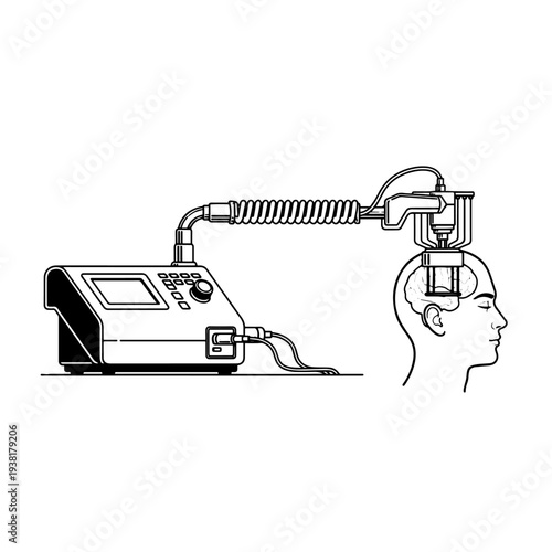 Transcranial Magnetic Stimulator TMS Therapy Machine Black and White Vector Illustration, Brain Stimulation Neurology Treatment Device Line Art Icon