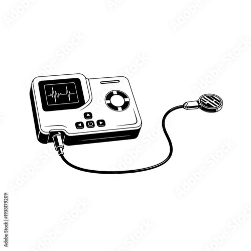 Vagus Nerve Stimulator Medical Neuromodulation Device Black and White Vector Illustration, Implantable Nerve Stimulation Therapy Equipment Line Art Icon