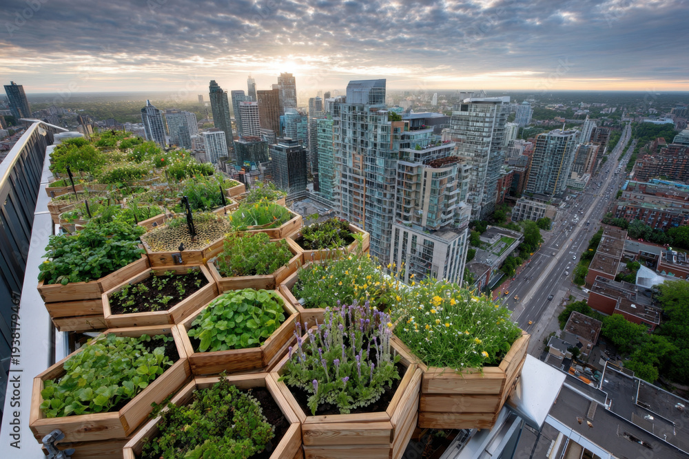 Naklejka premium Urban Rooftop Garden with Cityscape View at Sunrise