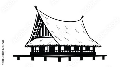 Black and white illustration of a traditional house with a steeply pitched roof on stilts against a plain white background.