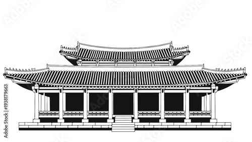 Black and white illustration of a traditional Asian building with a tiled roof and columns, set against a plain white background.