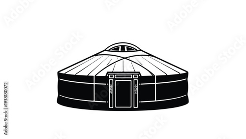 Line drawing of a traditional Mongolian yurt with a door and conical roof on a white background.