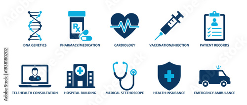 Medical and Healthcare solid icon set. Containing icons related to Cardiology, Vaccination, Telehealth Consultation, Emergency Ambulance, and Hospital Service elements. Solid vector illustrations for 