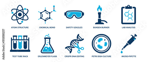 Science and Laboratory Research solid icon set. Containing icons related to chemistry, biology, Atom Structure, CRISPR DNA Editing, and microbiology elements for professional use. Solid vector illustr