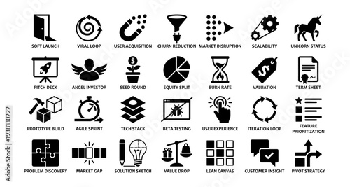 Startup and Growth Strategy solid icon set. Containing icons for angel investor, unicorn status, user acquisition, market disruption, and scalability for business and tech. Solid vector illustrations.