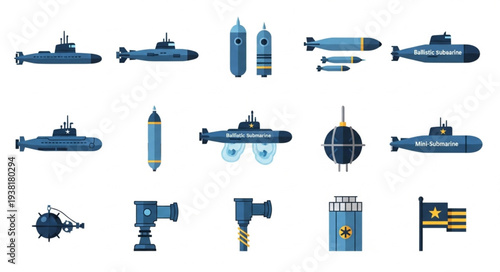 Navy Submarine Icons Set Illustration.