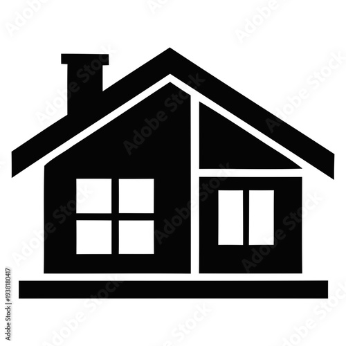 A simple illustration of a house with a chimney and windows standing alone