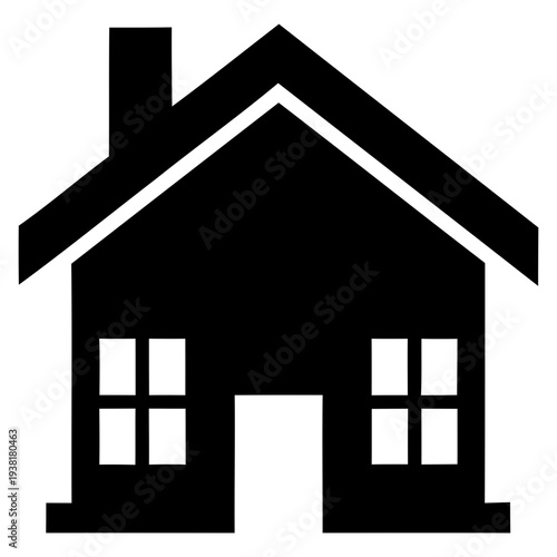 A simple black house icon with a chimney and windows