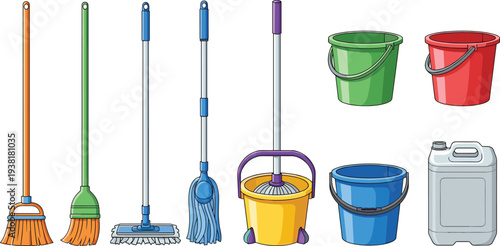 Professional Cleaning Supplies and Janitorial Set Featuring Mops Brooms Buckets and Detergent Jug