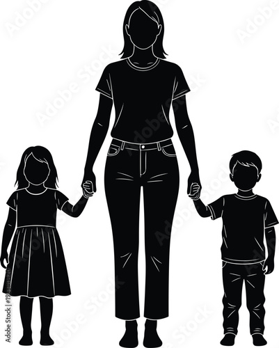 Silhouette of a mother holding hands with her young son and daughter standing together on a white background for family love and parenting concepts