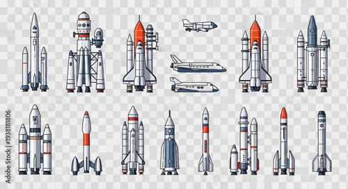 Collection of various rockets and spacecraft illustrations.