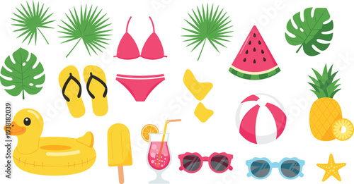 Tropical Summer Vacation and Beach Essentials Featuring Bikini Duck Floatie Cocktail and Palm Leaves