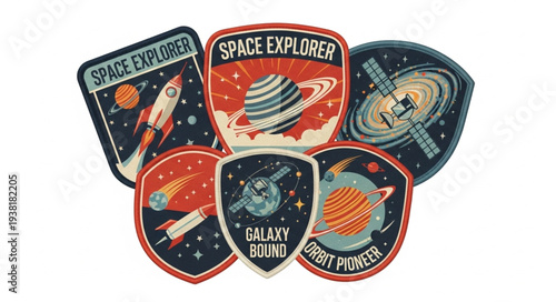 Collection of space exploration patches with rockets planets and stars.