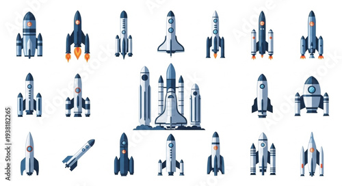 Collection of various rocket ships and spacecraft designs.