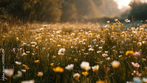 Wildflower Meadow in Golden Sunrise Light with Soft Bokeh