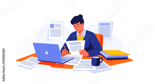 Accountant reviewing financial paperwork at desk