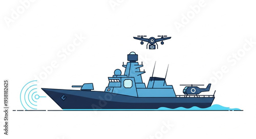 Navy Warship with Drone Illustration.