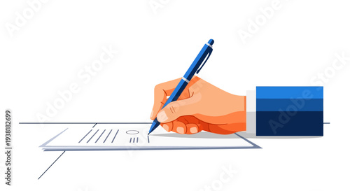 Close up of hand signing legal contract with blue pen