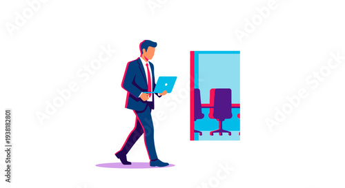 Corporate executive carrying laptop while walking past meeting room