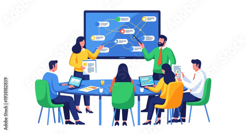 Corporate group discussing workflow diagram on digital screen
