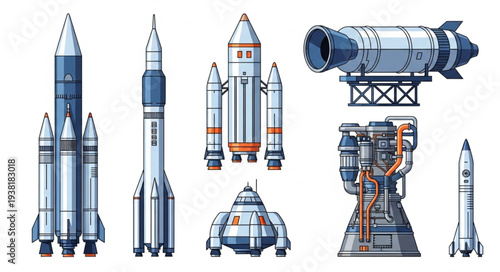 Collection of various rockets and spacecraft illustrations.