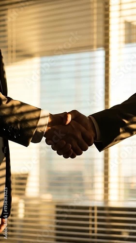 Wallpaper Mural Businessman handshake agreement partnership success trust corporate deal office sunlight window shadow striped light sleeve suit collar modern professional contract meeting negotiation warm sunset Torontodigital.ca