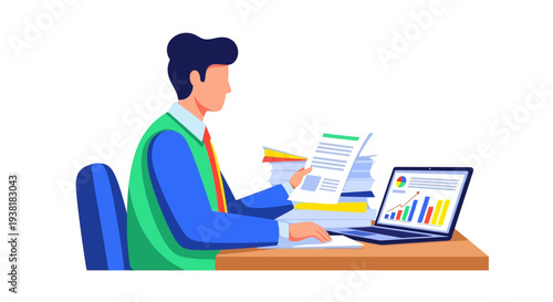 Data analyst reviewing charts on laptop and printed documents