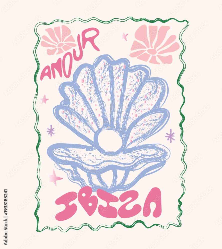 Fototapeta premium Hand drawing art seashell t-shirt design. Sea you at the beach. Sound of the sea. Seashell vintage artwork. Summer vibes artwork. Beach modern abstract art. 