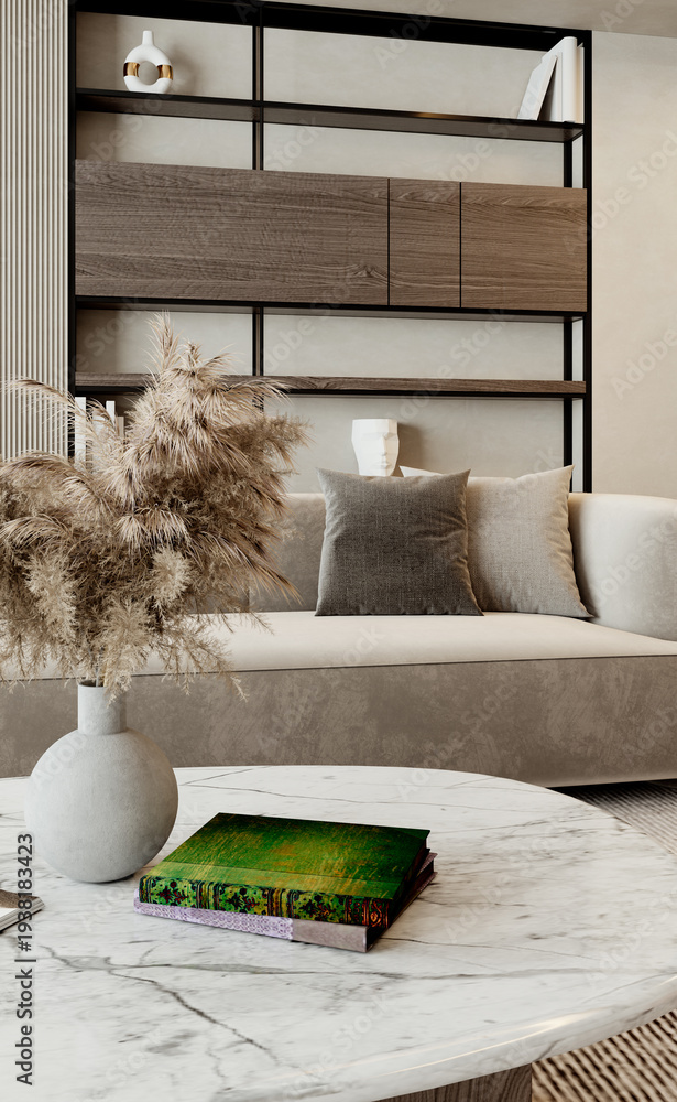 Naklejka premium Large luxury modern bright interiors Living room mockup illustration 3D rendering Generated Color Image