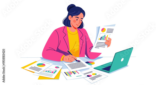 Financial analyst writing on reports with laptop and charts