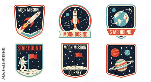 Collection of Retro Space Mission Patches with Rockets Planets and Astronauts.