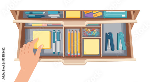 Hand organizing stationery in neat desk drawer