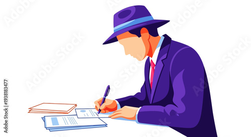 Male investigator in fedora reviewing and signing documents