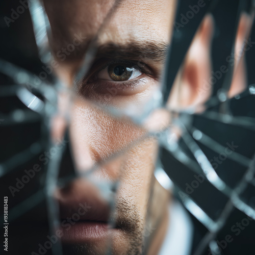 extreme close-up of businessmanâ€™s face reflected in multiple fragmented mirror pieces on desk